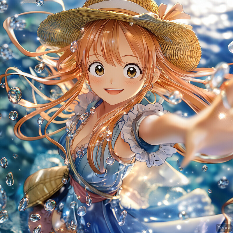 Anime-style illustration of a young girl in a straw hat and blue dress, conveying joy and playfulness.