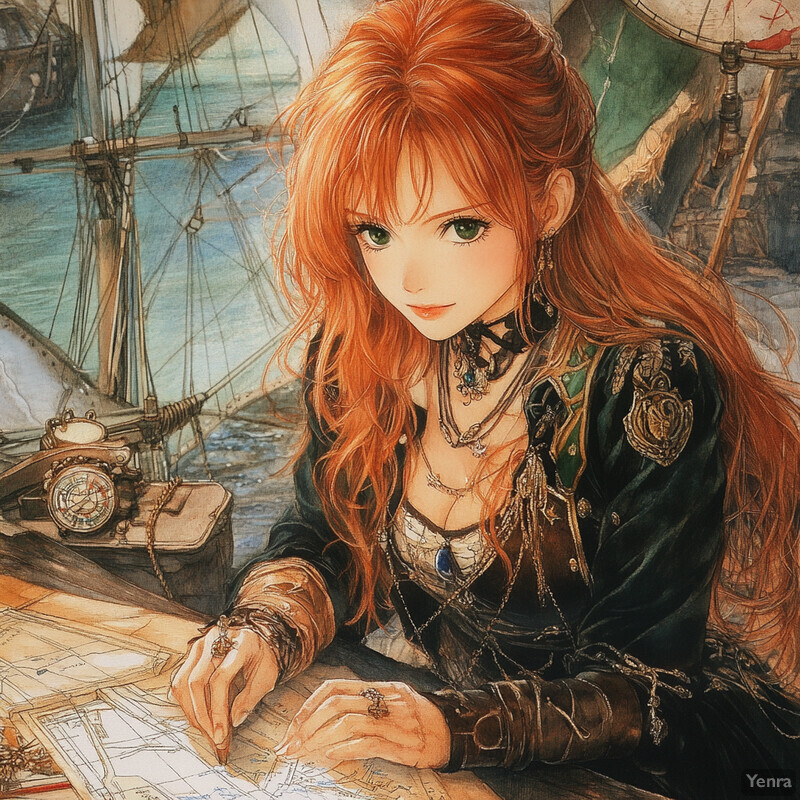 A woman with long red hair sits at a desk surrounded by nautical charts and instruments, gazing out to sea.