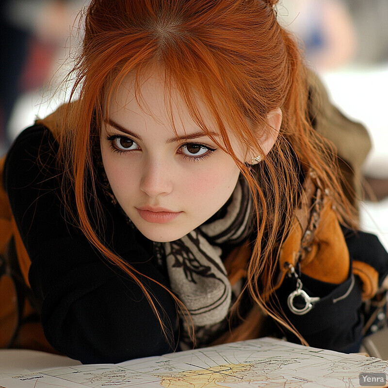 A young woman with red hair studies a map on her desk.