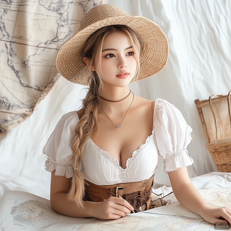 A young woman in a straw hat and white blouse sits at a table covered with maps, gazing directly at the camera.