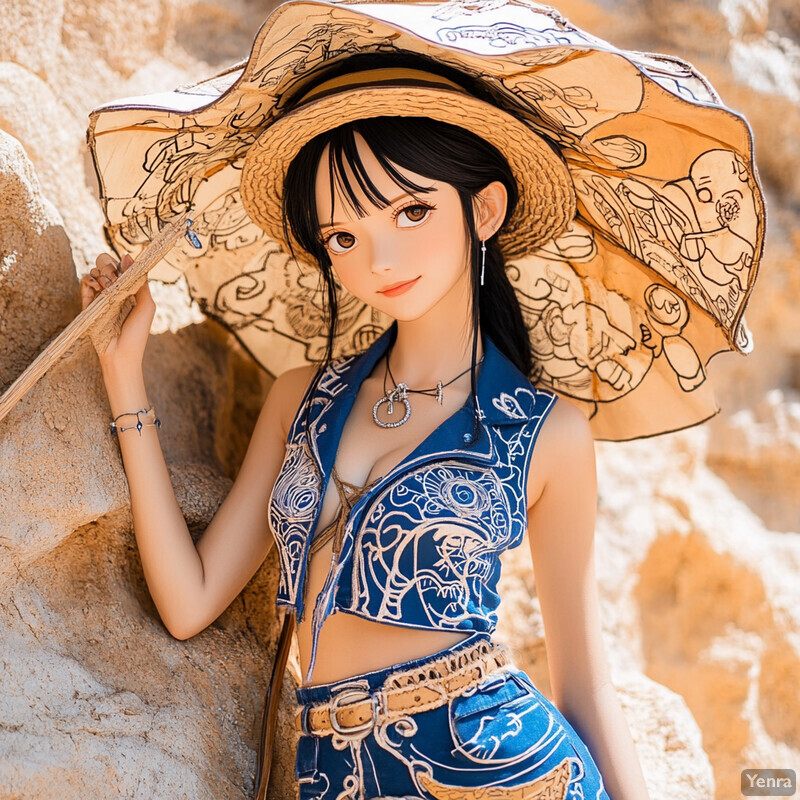 A young woman stands in front of a rocky cliff face, wearing a blue outfit and straw hat with dangling earrings.