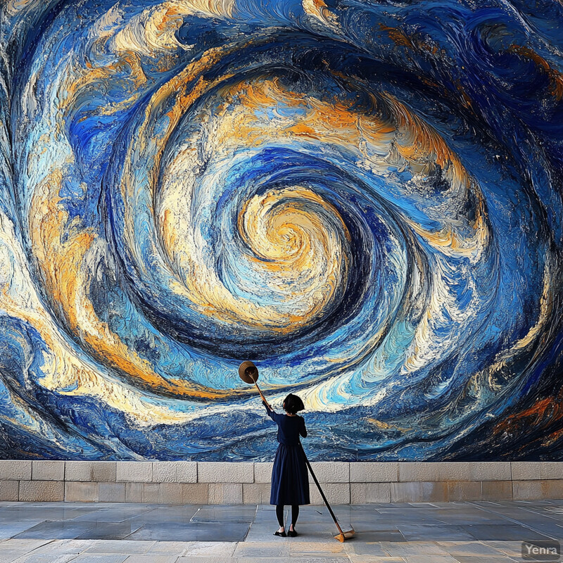 A young girl stands in front of a large mural inspired by Van Gogh's Starry Night, lost in thought as she gazes at it.