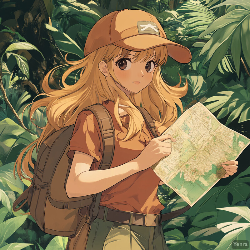 Anime-style illustration of a young girl navigating through a jungle or forest with a map.