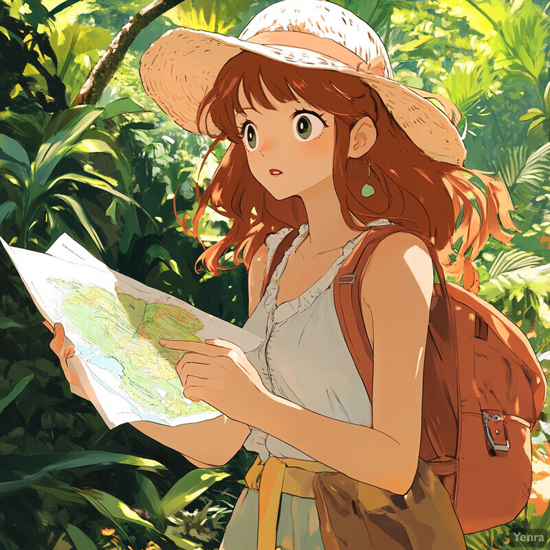 A young woman stands in front of a jungle backdrop, holding a map and wearing an outfit suitable for adventure.