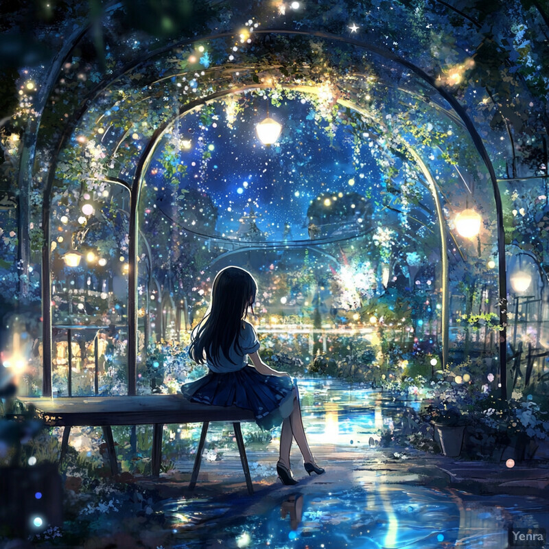 A young girl sits on a bench in an arched trellis garden at night, surrounded by lush greenery and vibrant flowers.