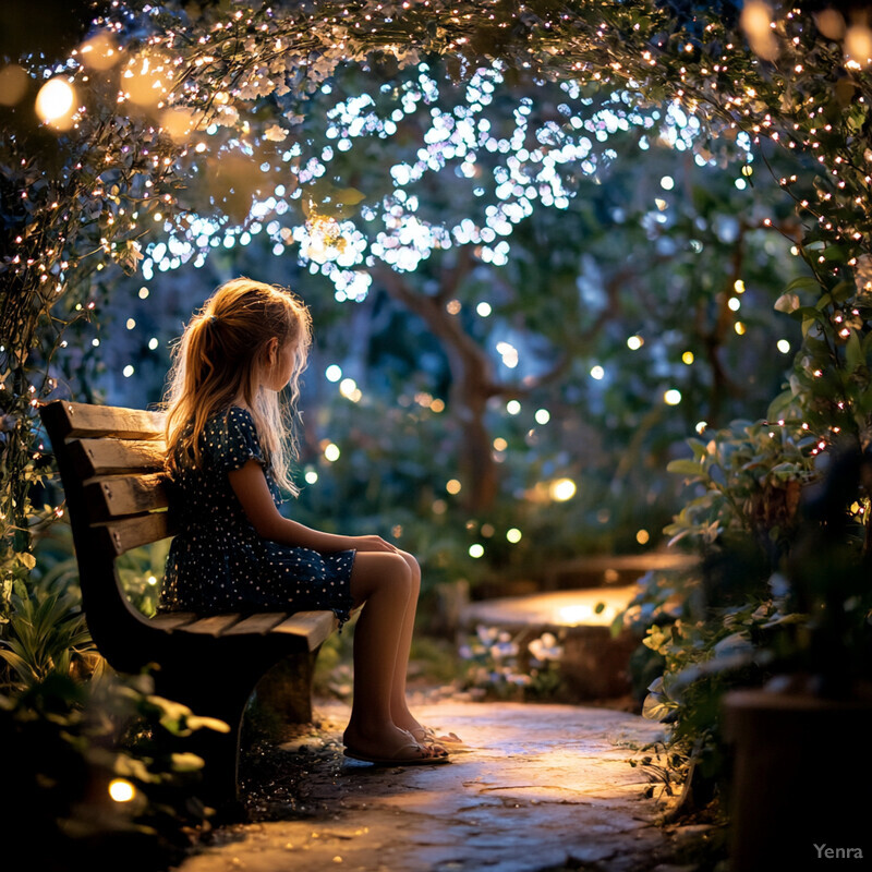 A young girl sits on a bench in a lush garden or park at night, surrounded by string lights.