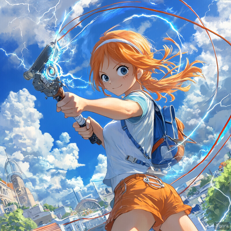 Anime-style illustration of a young woman with orange hair and blue eyes, holding a futuristic gun in front of a cityscape.