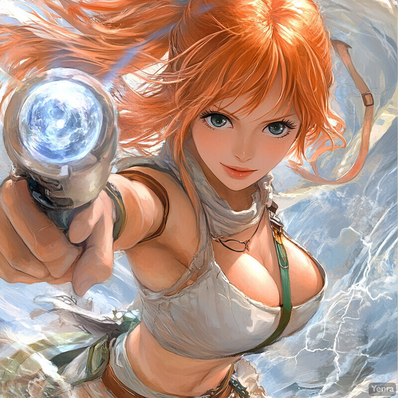 A woman with red hair and blue eyes holds a glowing orb against a gray and brown background.