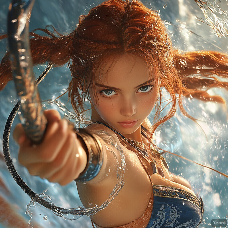 A woman with long red hair wears a blue and gold bikini top while holding a bow and drawing an arrow back.