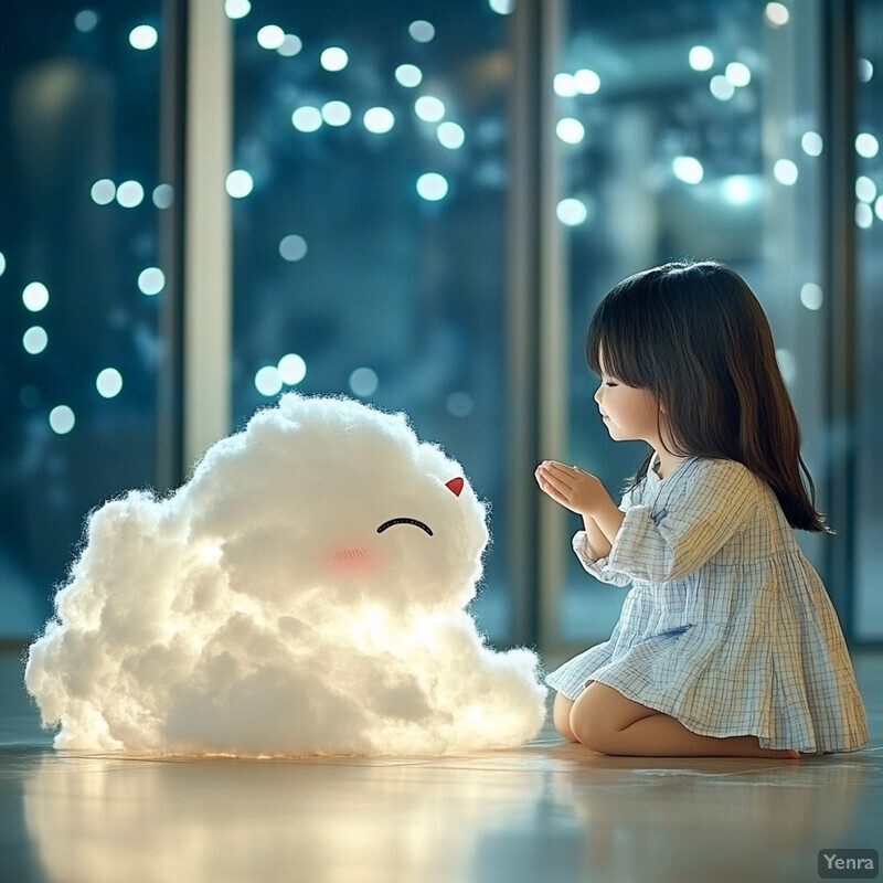 A young girl prays to a cloud-like object with a smiling face and horns, hoping for good fortune.