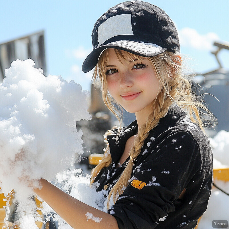 A young woman with blonde hair styled in a braid, wearing a black baseball cap and collared shirt, manipulating snow in an outdoor setting.