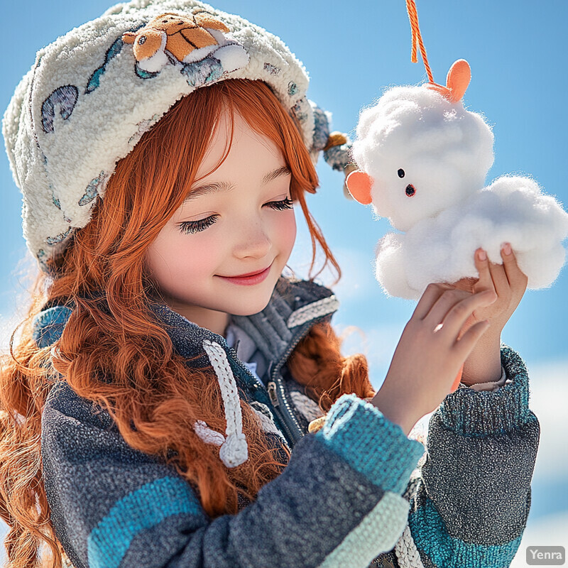 A young girl with red hair holds a cloud-shaped ornament, smiling at the camera.