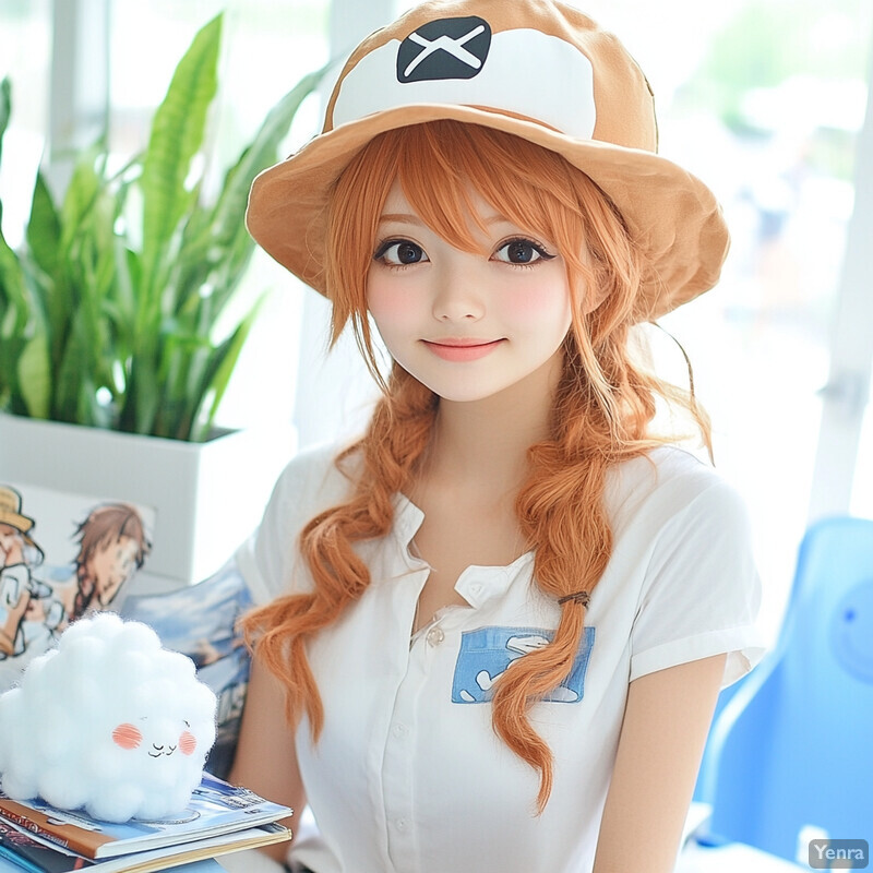 A young woman with orange hair attends an anime convention or cosplay event, dressed in a white collared shirt with a blue graphic and a tan bucket hat featuring a black logo.