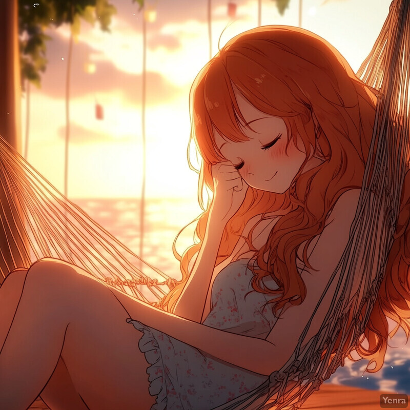 An anime-style woman reclines in a hammock amidst lush greenery