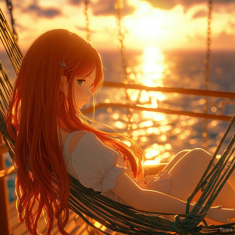 Anime girl in hammock surrounded by greenery