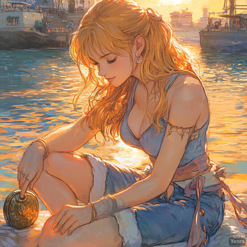 A woman sitting on the beach at sunset, gazing down at an object in her hand.