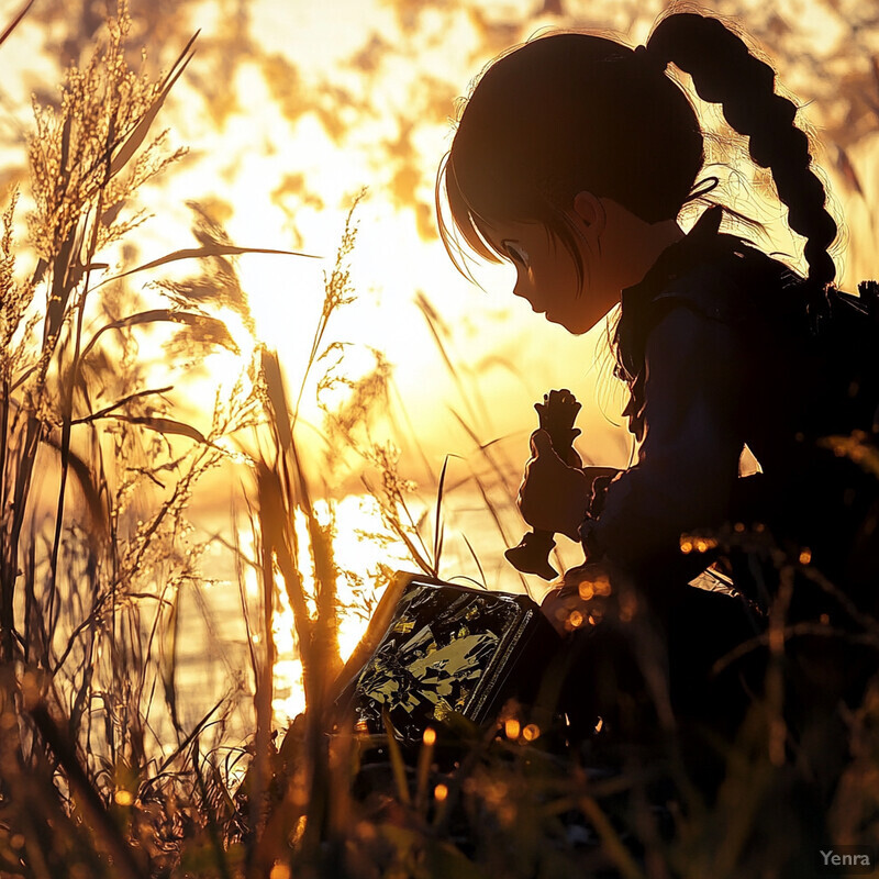 A young girl sits in tall grass, surrounded by nature, holding a small metal figurine and gazing at an open book or journal.