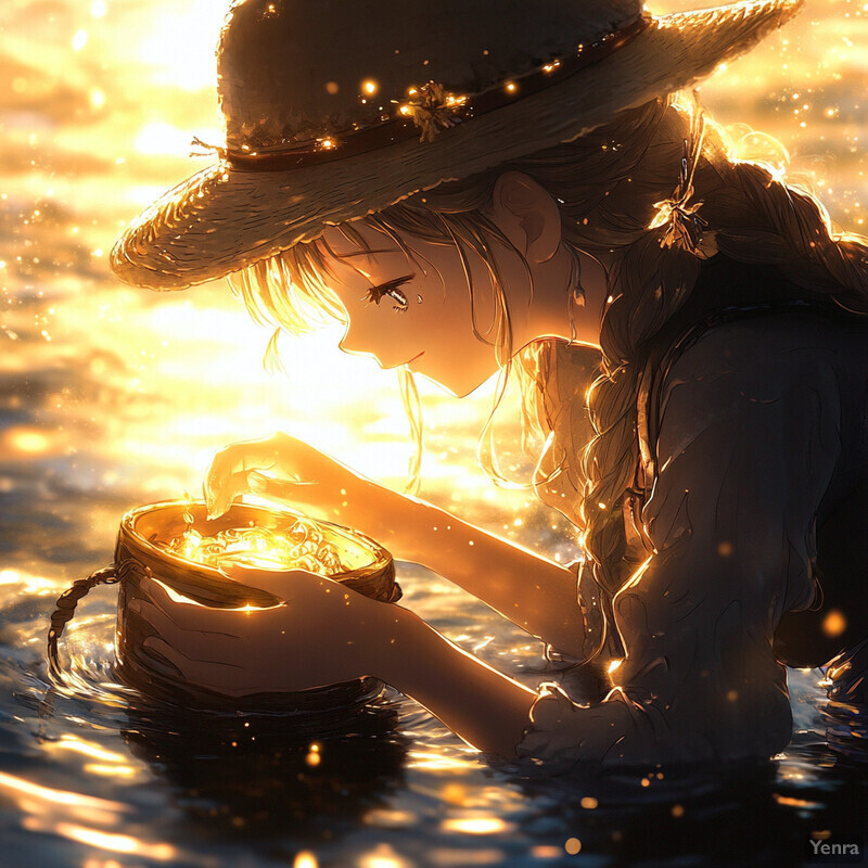 A young girl with long hair and a straw hat holds a bucket in shallow water, surrounded by lush greenery.