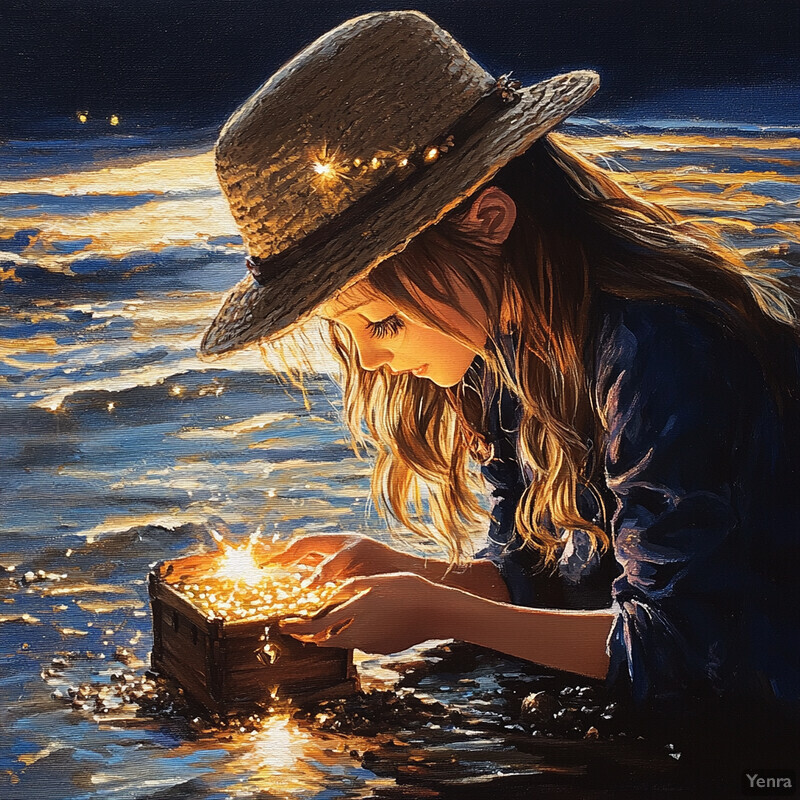 Young girl examining treasure chest in shallow water at night