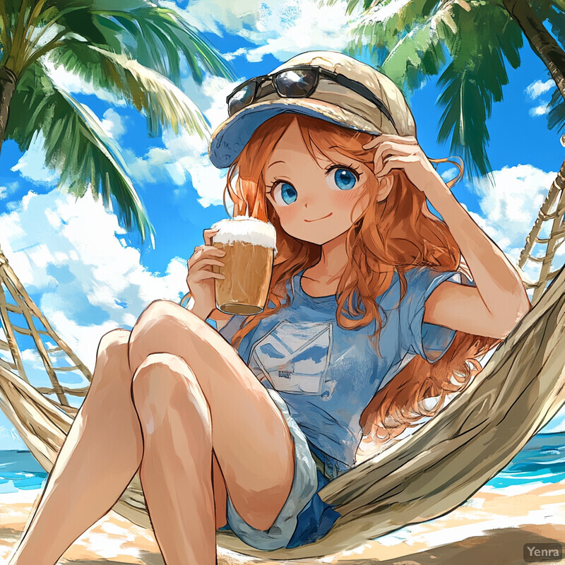 A cartoon-style illustration of a woman relaxing on a beach, surrounded by palm trees and an ocean view.