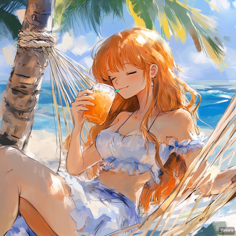 Anime-style illustration of a woman relaxing on a beach with a drink