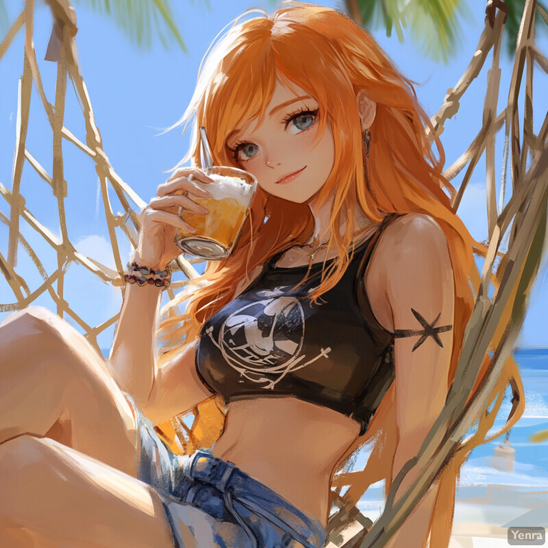 A woman with orange hair and blue eyes enjoys a beer on the beach