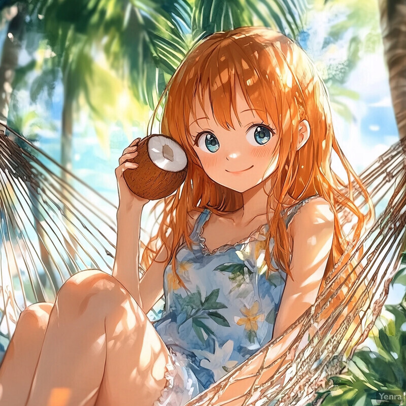 A serene anime-style girl sits in a hammock surrounded by lush greenery and vibrant flowers.