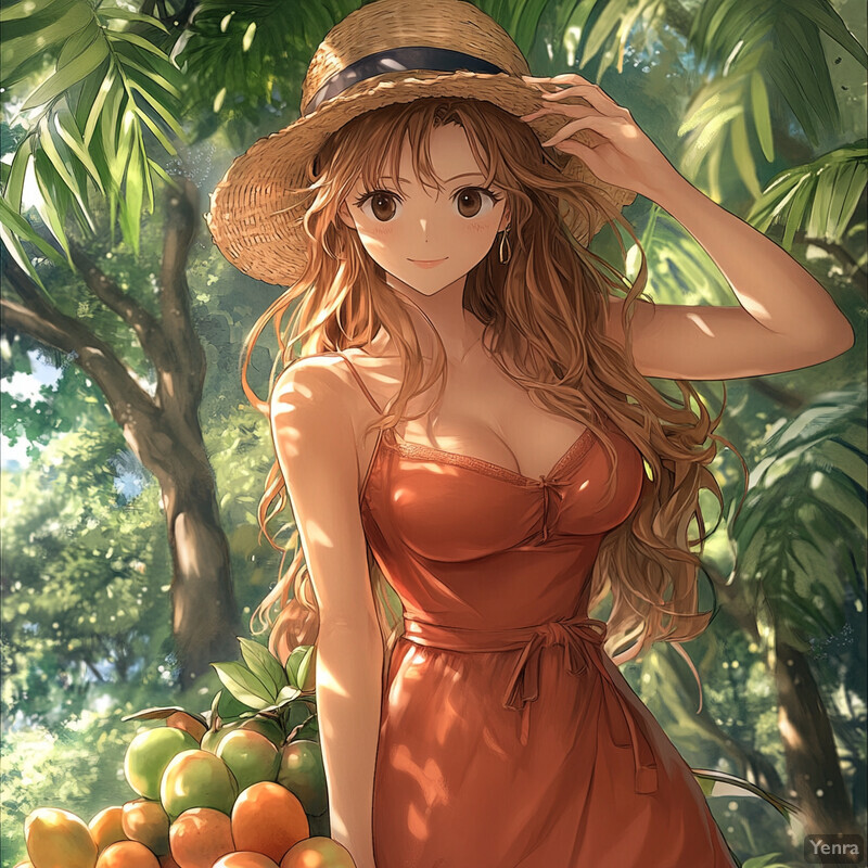 Anime-style illustration of a woman in a red dress standing in front of palm trees and mangos