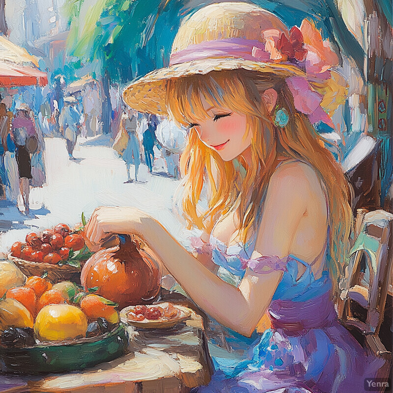 A woman selects fruit from a bowl in a tropical setting