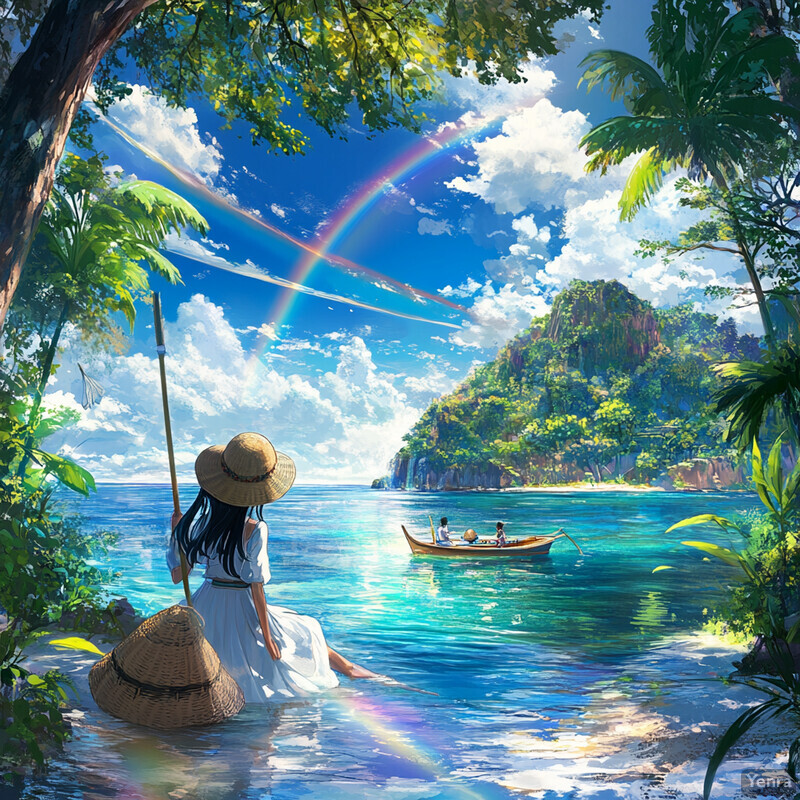 A serene and idyllic scene of a woman sitting in shallow water, gazing at a rainbow over a body of water