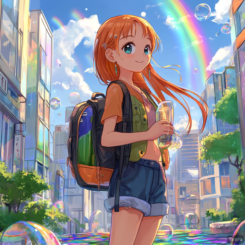 A young girl stands in front of a cityscape surrounded by bubbles and a rainbow, exuding happiness and playfulness.