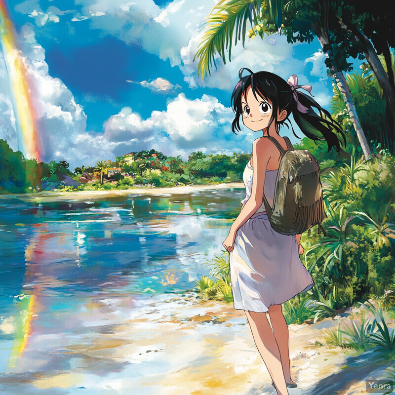 A young girl stands on a sandy beach, gazing out at a tranquil body of water, surrounded by lush greenery and a rainbow-colored light shining down from the sky.