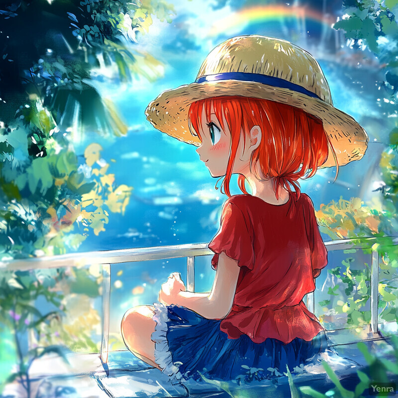 Anime-style girl sitting on a balcony or deck, gazing out at a body of water