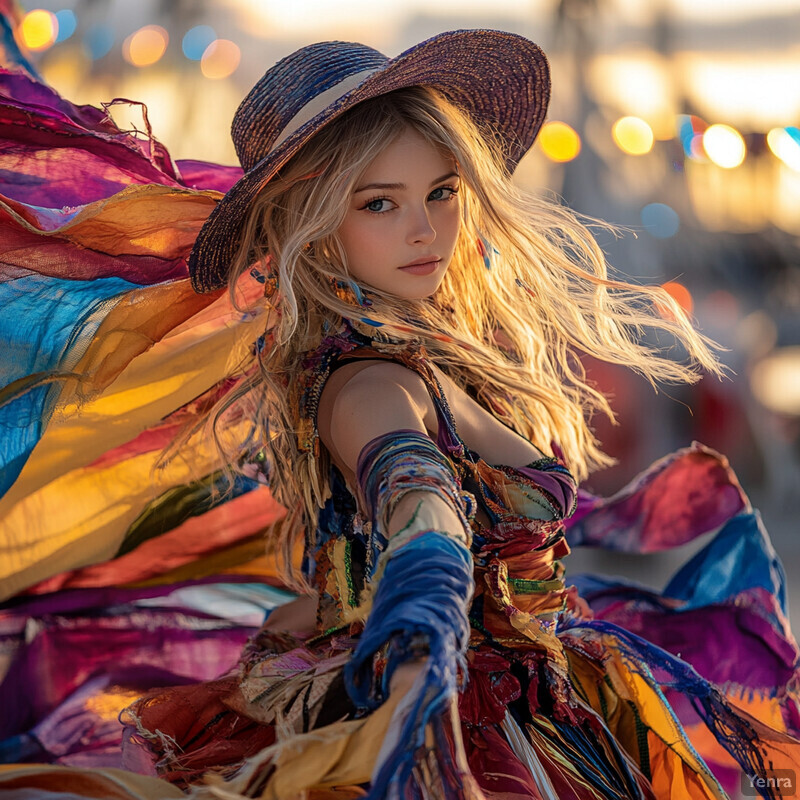 A young woman with long blonde hair and colorful attire stands confidently in front of a blurred city street background.