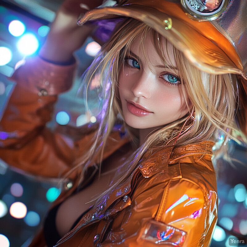 A woman in an orange metallic jacket and hat poses against a blurred cityscape at night.