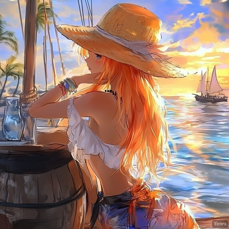 Anime-style illustration of a woman sitting at a wooden barrel, gazing out to sea.