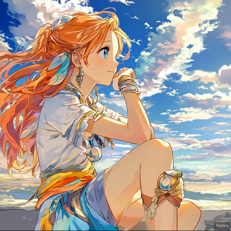 A young woman with orange hair gazing out at the ocean.