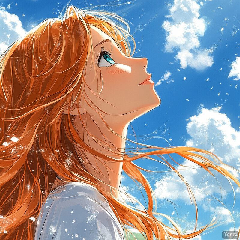 A serene cartoon-style illustration of a woman gazing up at the sky on a sunny day.