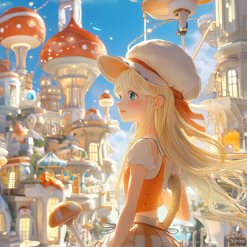 A young girl with long blonde hair and blue eyes stands amidst a fantastical landscape of mushroom-like buildings, wearing an orange vest over a white shirt and matching skirt.