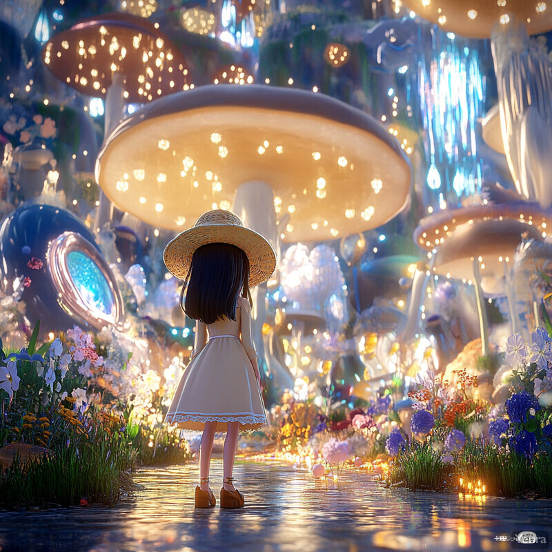 A young girl stands in front of a vibrant garden filled with mushrooms, flowers, and grass.