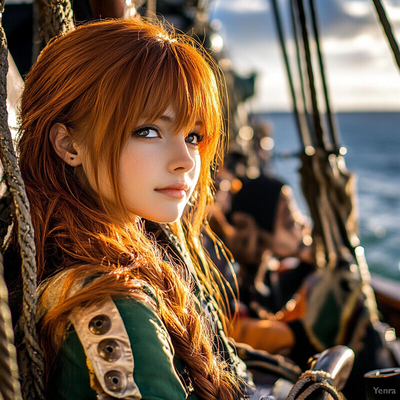 A woman with red hair leans against a ship's mast, gazing to her right, while wearing a green top with gold accents.