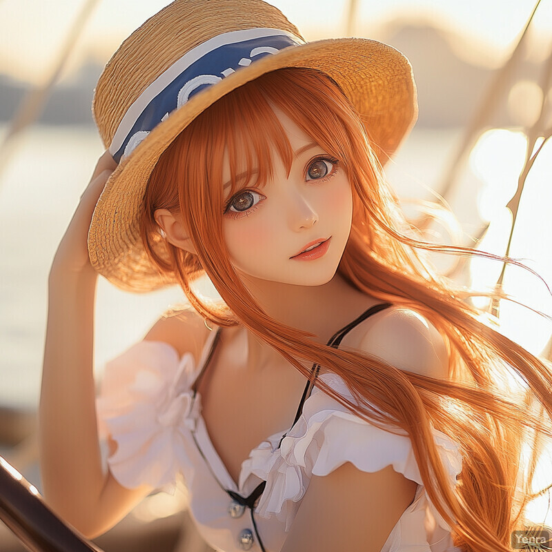 A young woman with red hair wearing a straw hat and white blouse poses on a beach or coastal setting