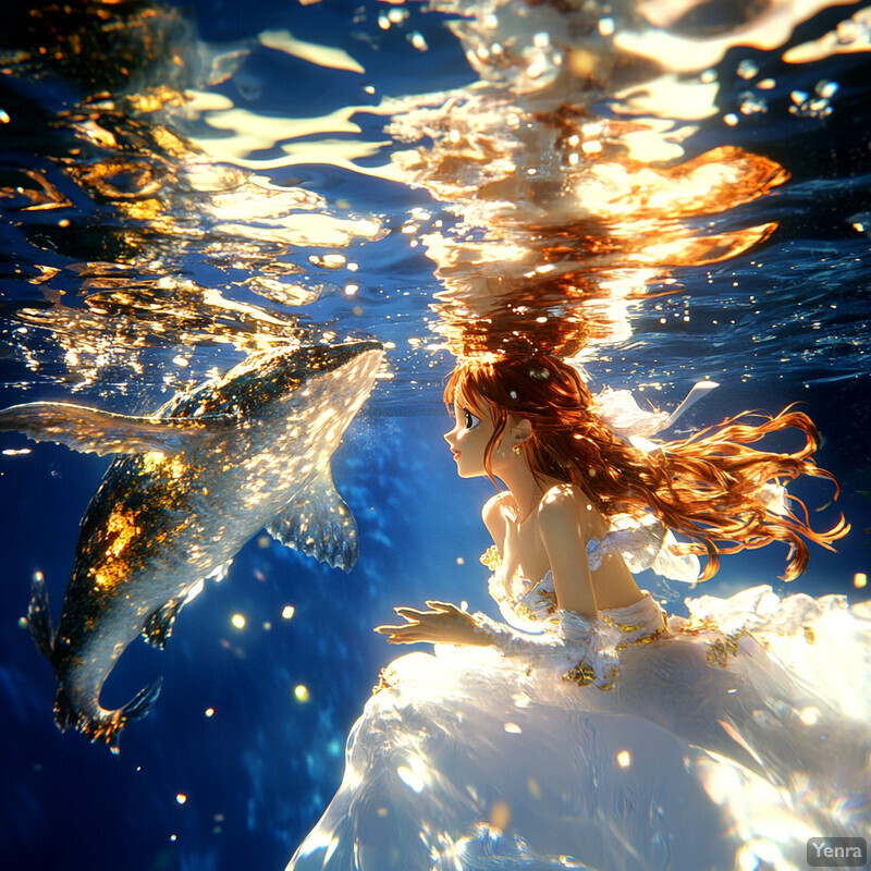 A woman in a white dress floats underwater with a sea creature.