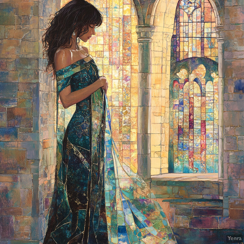 A woman stands in front of a stained glass window, surrounded by stone walls and arches, wearing a blue dress with an off-the-shoulder design.