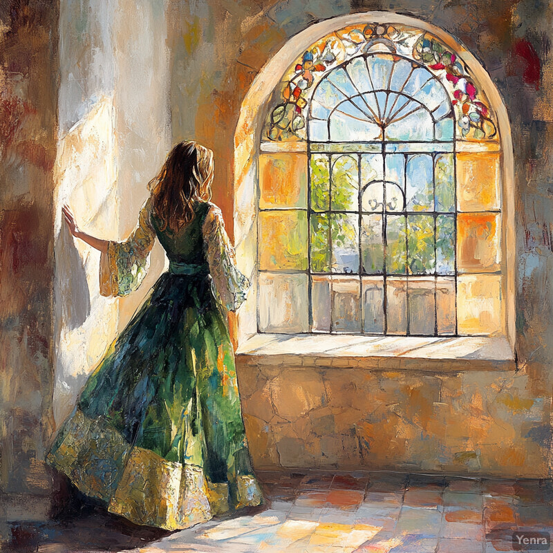 Woman in green dress standing by window