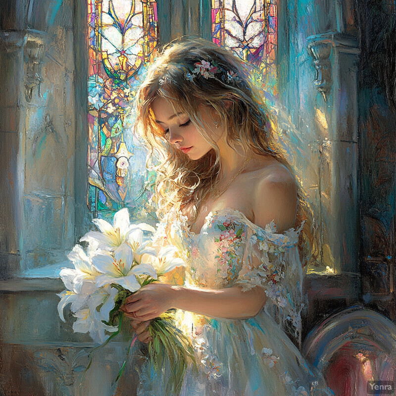 A young woman in a wedding dress holding white lilies stands in front of a stained glass window, exuding serenity and peace.