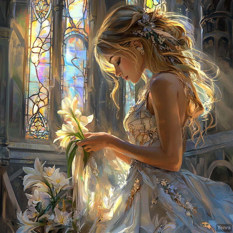 A serene scene of a woman surrounded by flowers in an ornate setting.