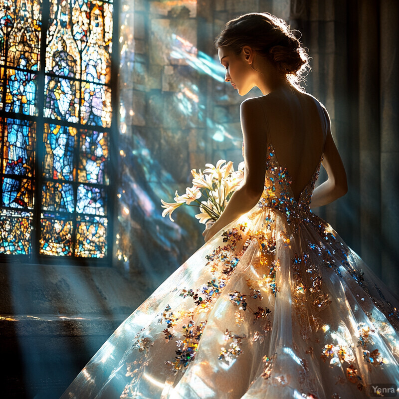 A woman in a stunning wedding dress stands in front of a large window with intricate stained glass designs, holding a bouquet of white flowers.