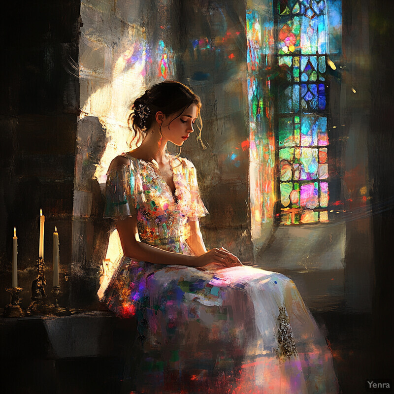 A serene image of a woman in front of a stained-glass window