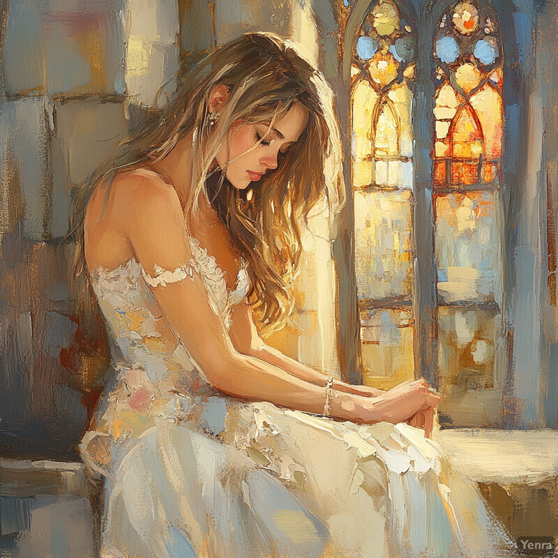 A serene painting of a woman sitting by a window, surrounded by soft colors and elegant details.